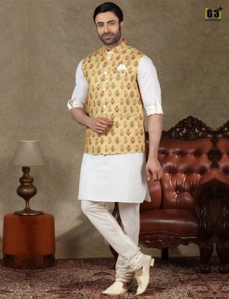 Yellow and white silk waistcoat set for festive