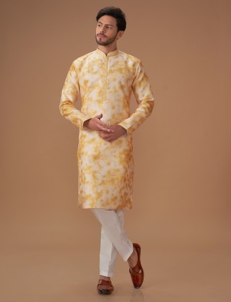 Yellow and white printed kurta suit