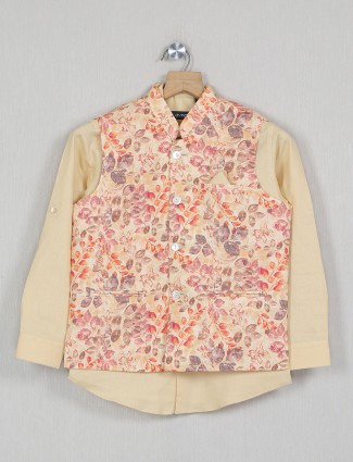 Yellow color printed style cotton silk waistcoat with shirt