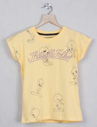 Yellow cotton casual printed girls top