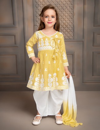 Yellow cotton embroidery dhoti set