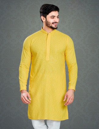 Yellow cotton embroidery kurta for festive