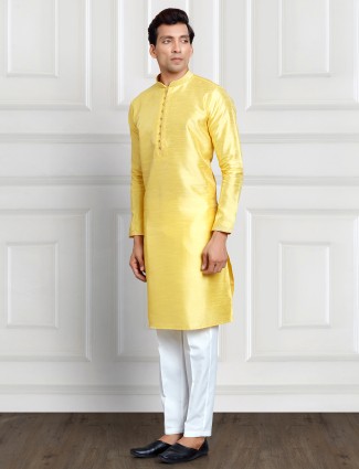 Yellow cotton silk plain kurta suit
