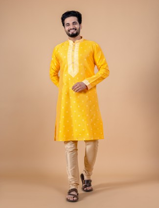 Yellow cotton silk zari work kurta suit