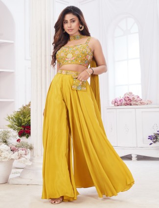 Yellow crop top style palazzo suit with dupatta