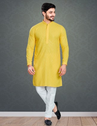 Yellow embroidery cotton kurta suit for festive