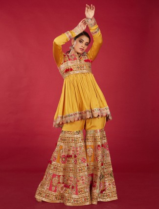 Yellow embroidery silk sharara suit