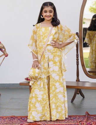 Yellow floral printed jacket style palazzo suit