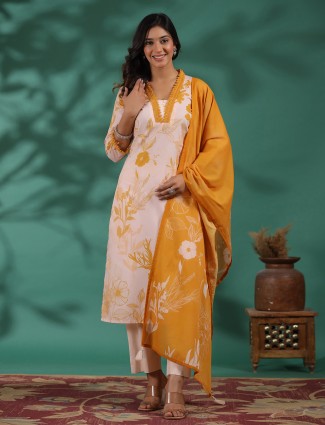Yellow floral printed kurti set in cotton
