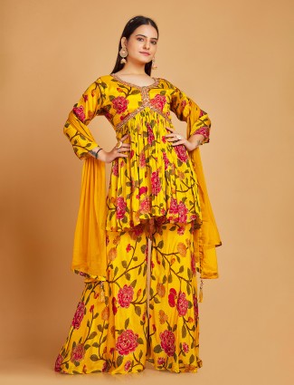 Yellow floral printed silk sharara suit