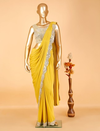 Yellow lycra pre stitched saree