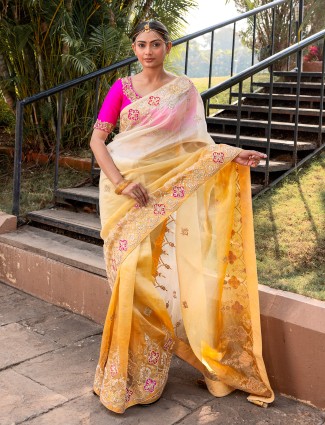 Yellow ombre style tissue silk saree