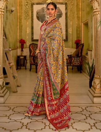 Yellow patola printed silk saree for wedding