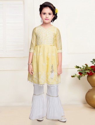 Yellow pinjabi sharara suit for girls in cotton silk