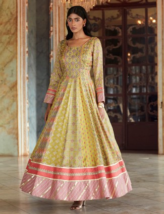 Yellow raw silk anarkali suit for wedding event