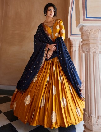 Yellow silk anarkali suit with contrast dupatta