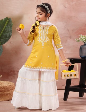 Yellow silk embroidery sharara suit