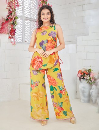 Yellow silk floral printed co ord set