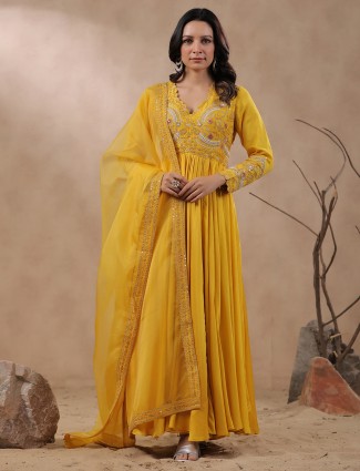 Yellow silk long anarkali style kurti
