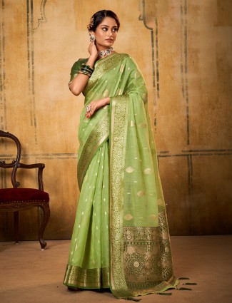 Zari weaving pista green saree