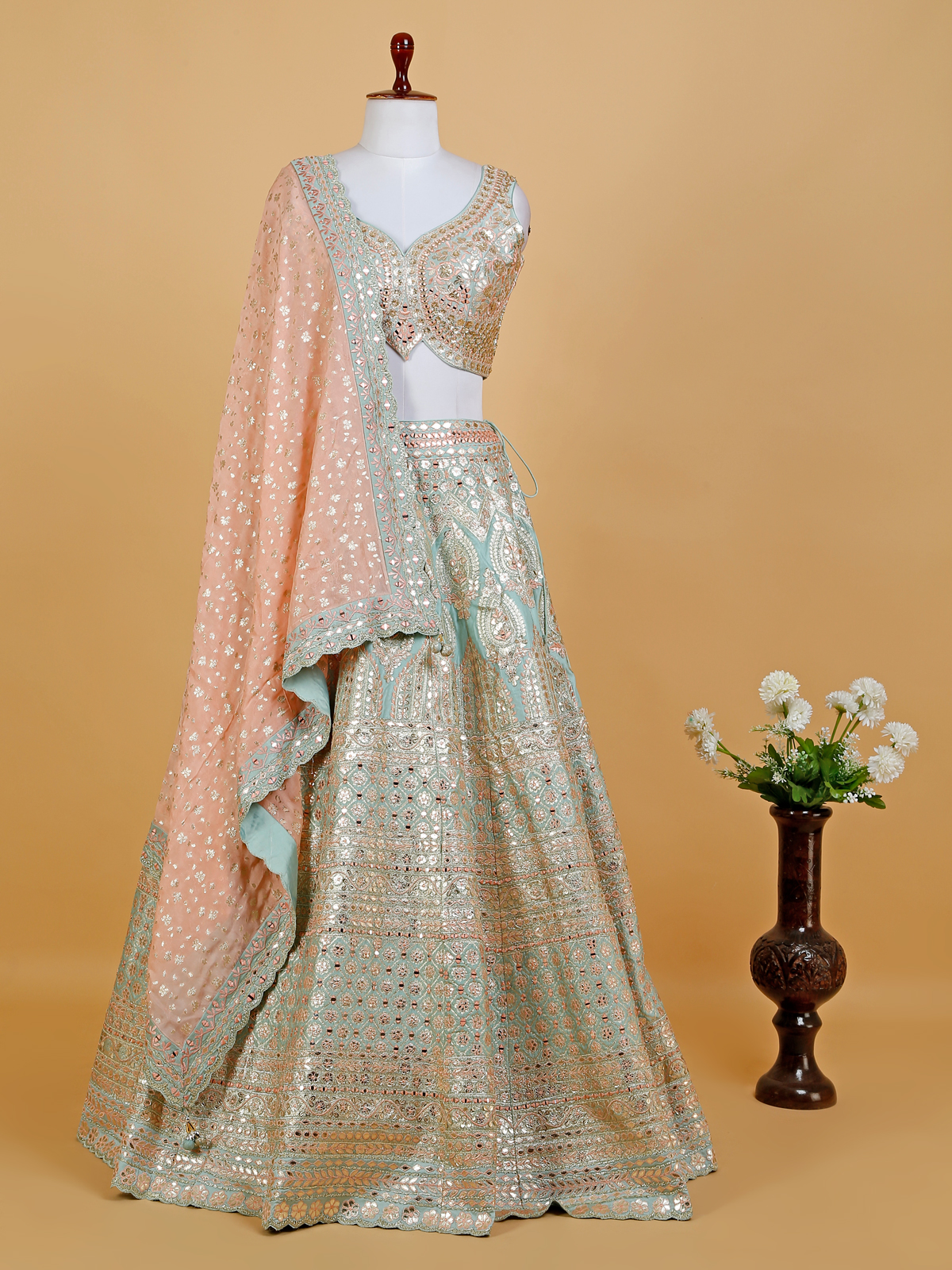 Mehndi Green Hand Embroidered Lehenga Choli Set – Inddus.com