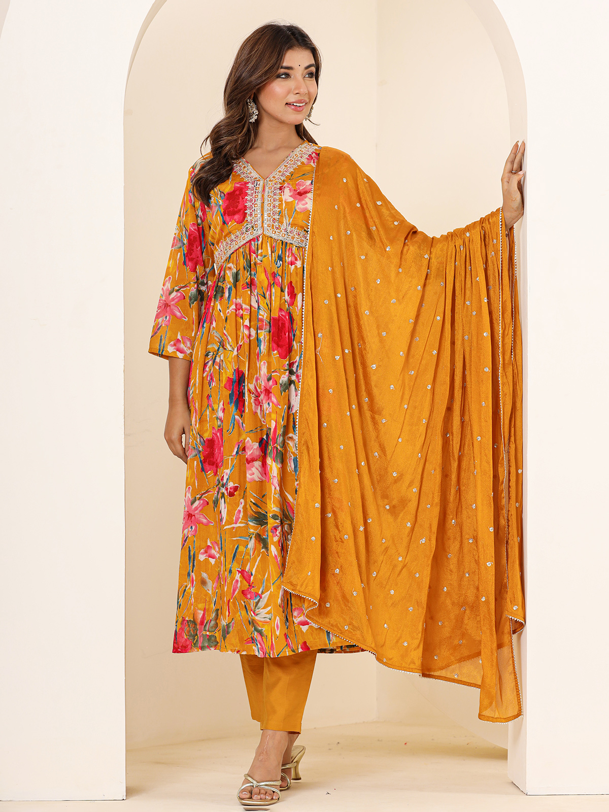 Mustard Yellow Sequinned Kurta With Trousers & Dupatta– Inddus.in