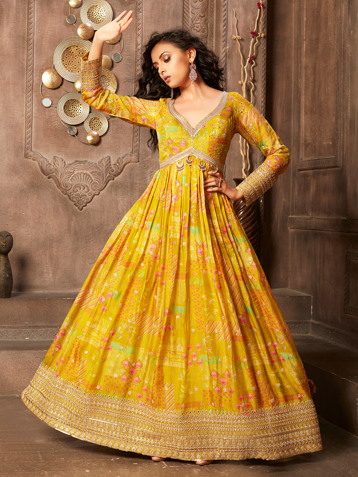 Party Wear Mustard Yellow Georgette Full Flair Ready Made Gown – Ville  Fashions
