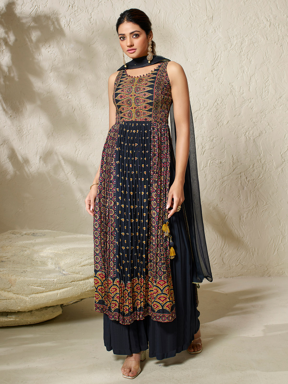 Navy georgette printed nyra cut palazzo suit - G3-WSS39965