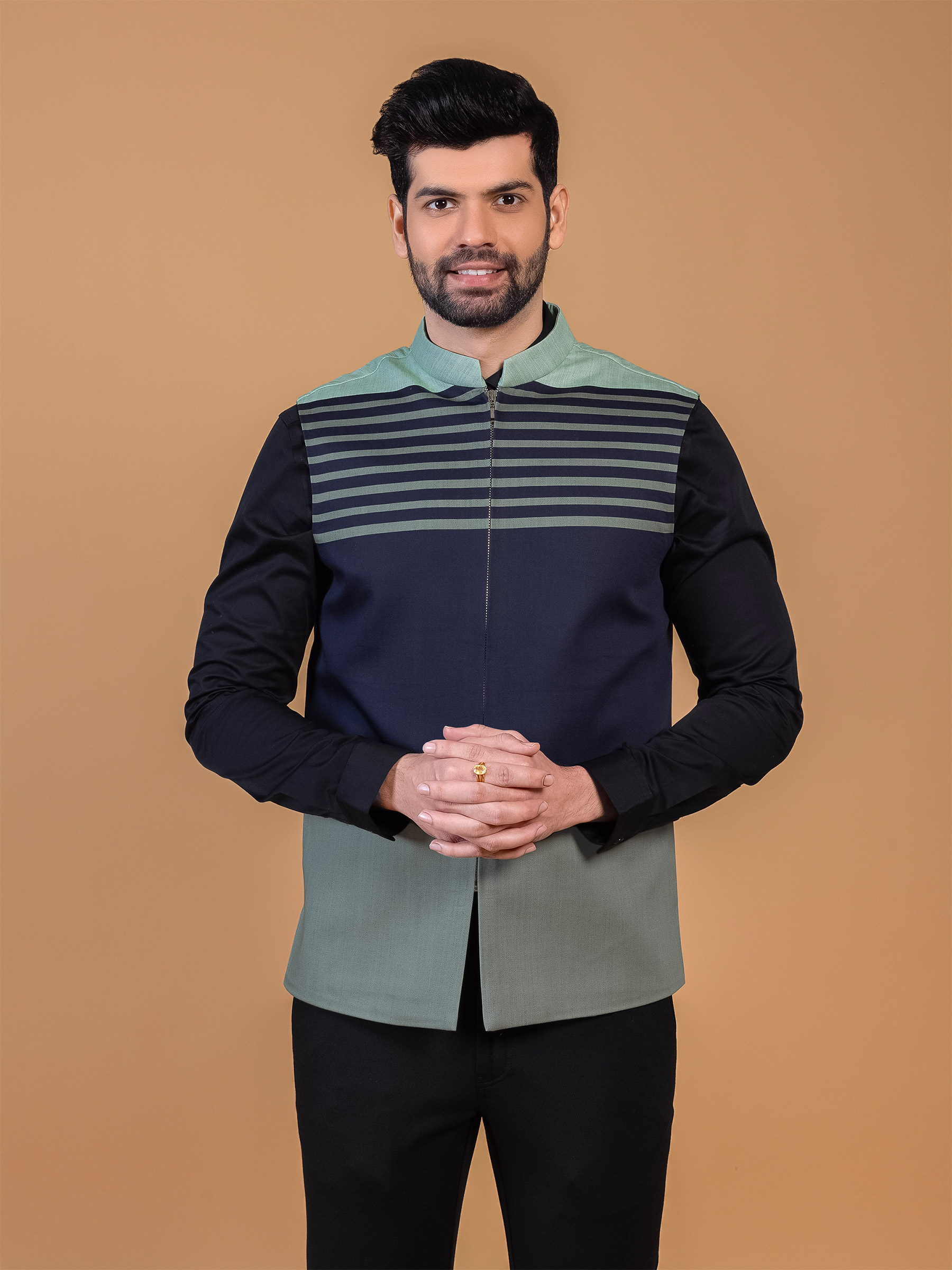 Navy silk color block waistcoat G3 MWC2448 G3fashion