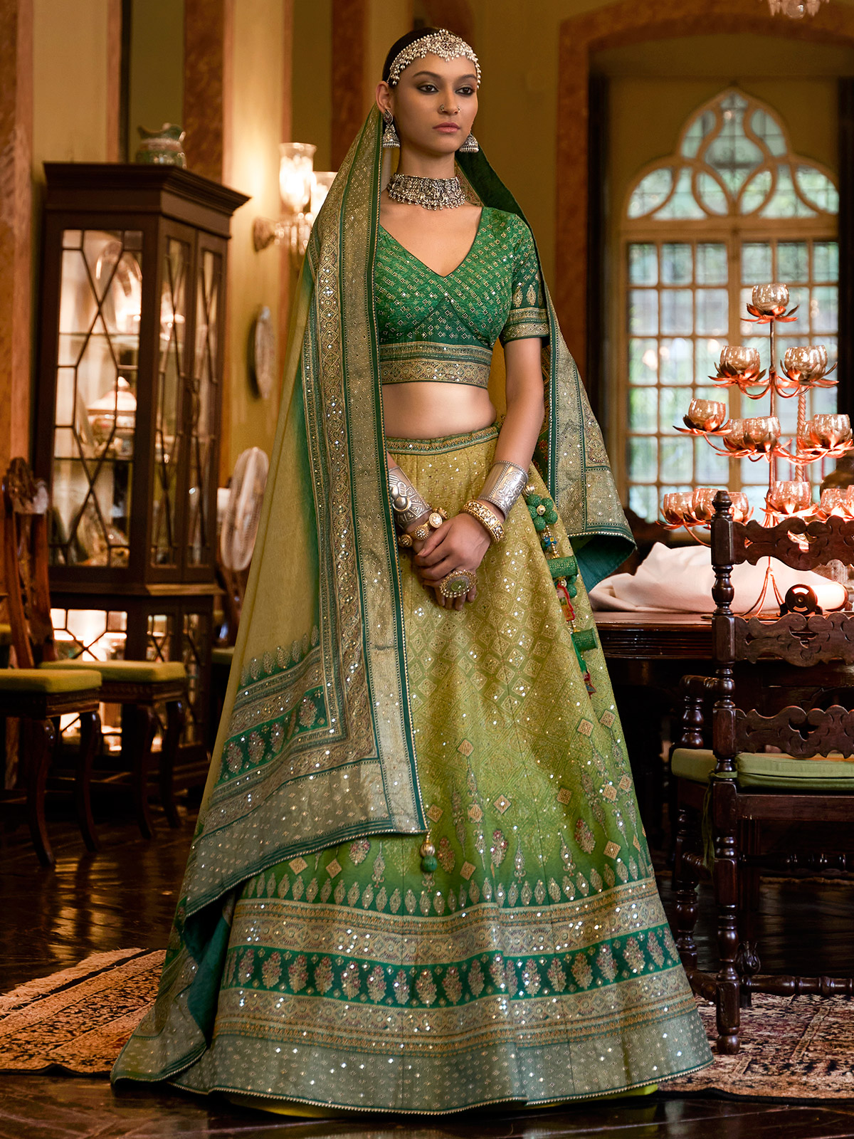Subtle Embroidered Satin Green Lehenga Choli -