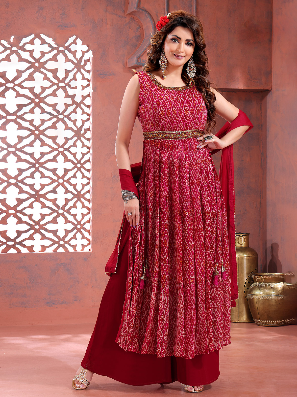 Classy red georgette palazzo suit - G3-WSS40945