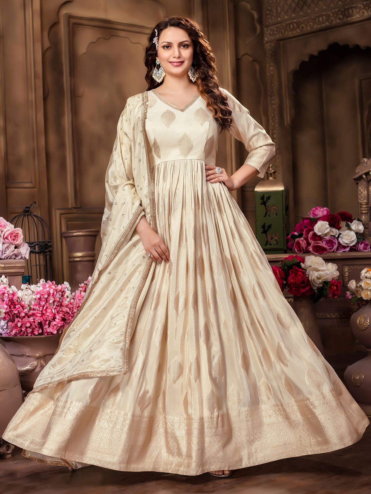 Buy White Anarkali Dress chand Online peeli dori hand Embroidered