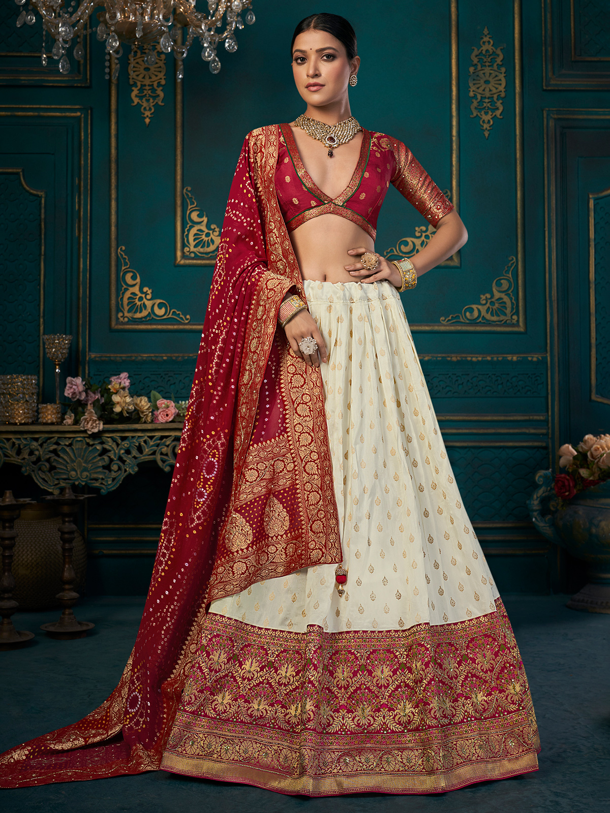 Off White and Rust Red Sequined Chinnon Lehenga Choli {With Can Can} |  Nimbdee