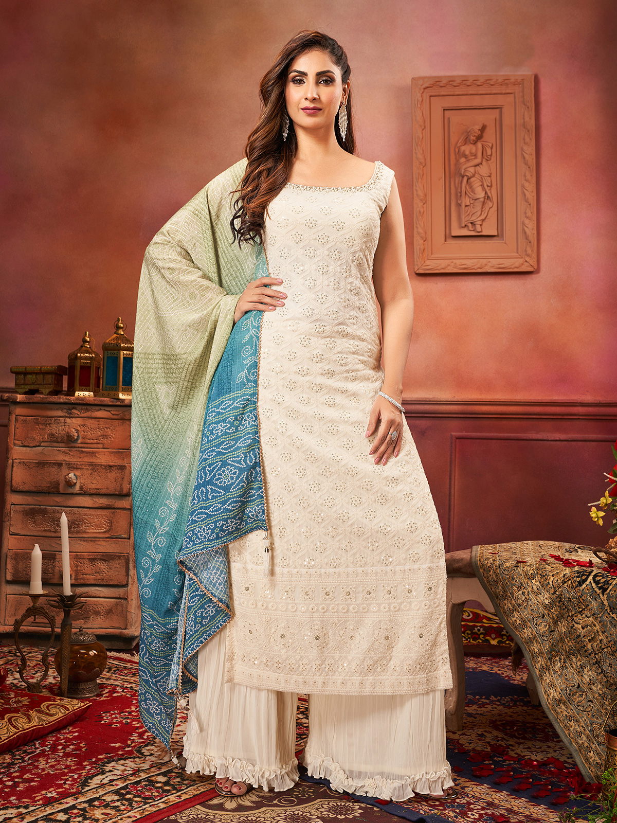 Off white embroidery palazzo suit with printed dupatta G3