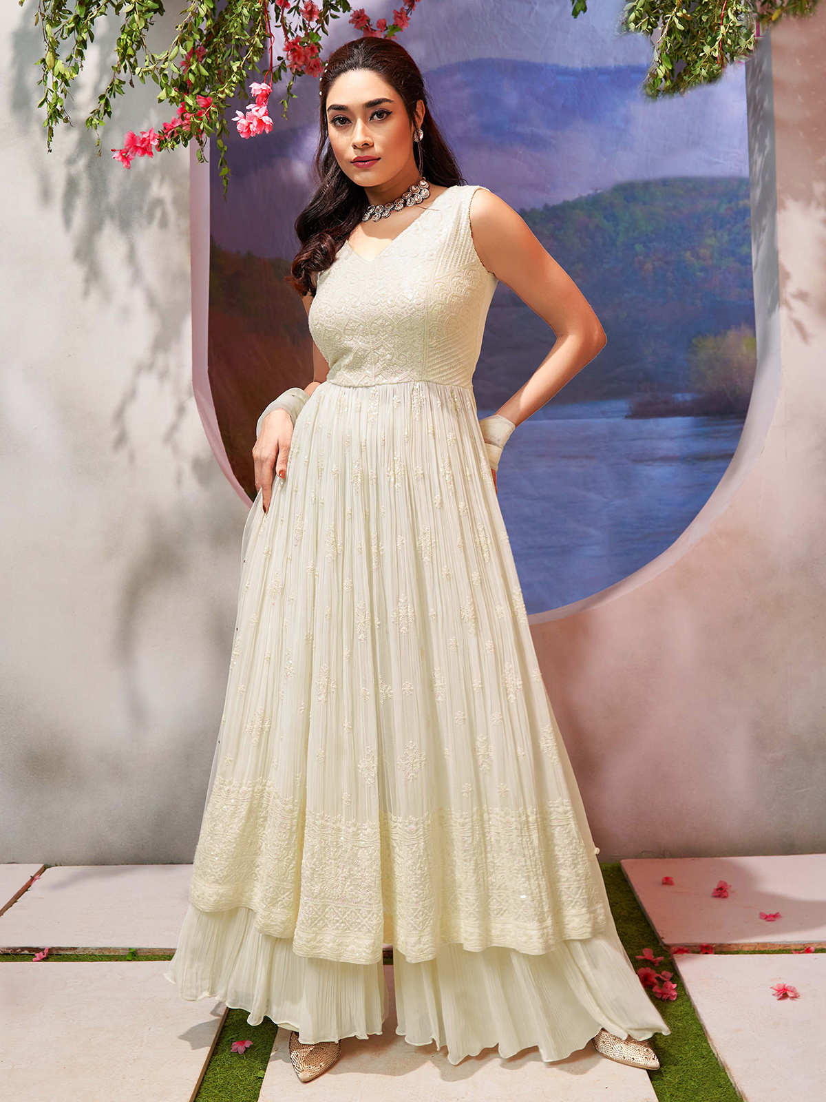 Off white georgette nyra cut palazzo suit G3 WSS40832