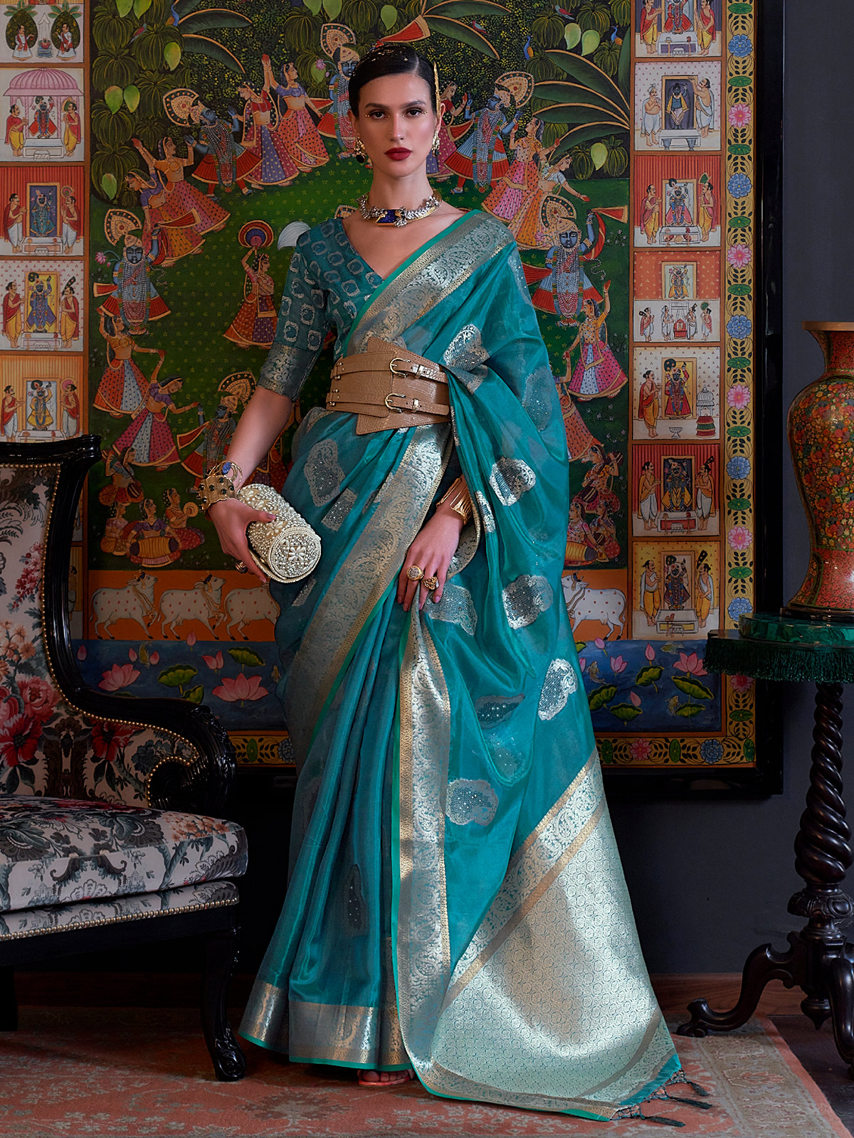 Buy Radiant Blue Silk Wedding Saree in USA @ Inddus.com.