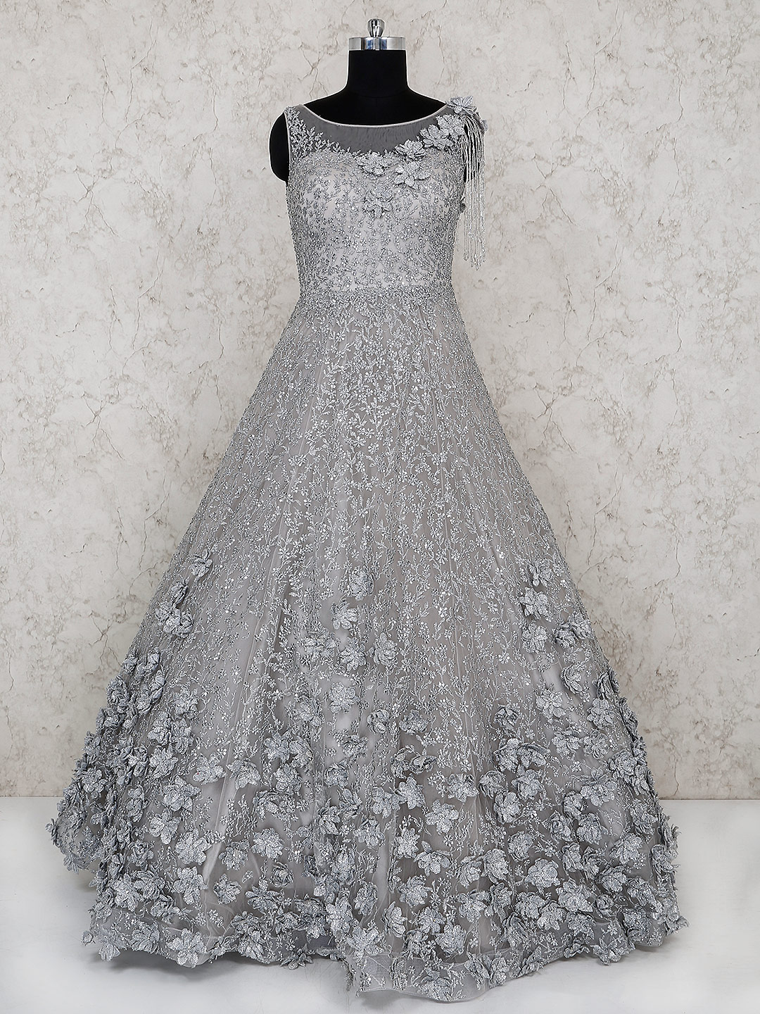 Party wear grey color net gown - G3 