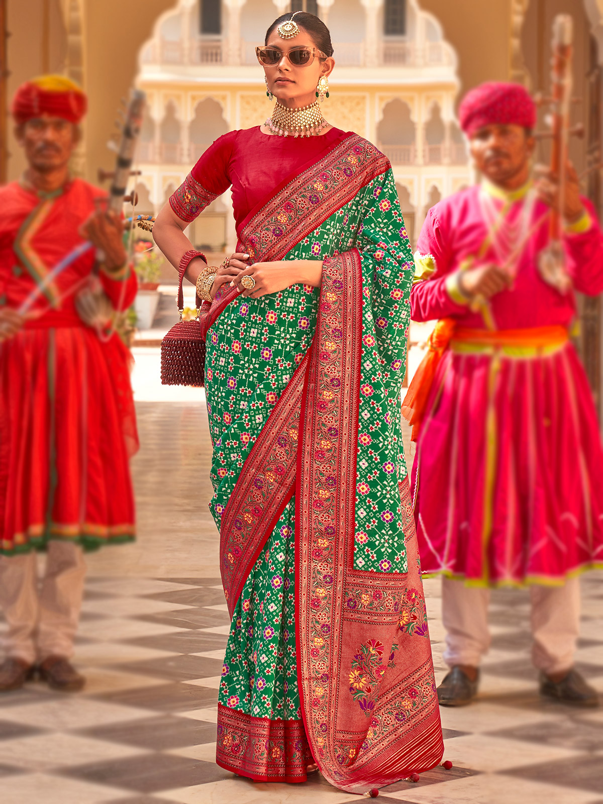 Deep green and red Paithani saree with designer blouse – Thath Banaras