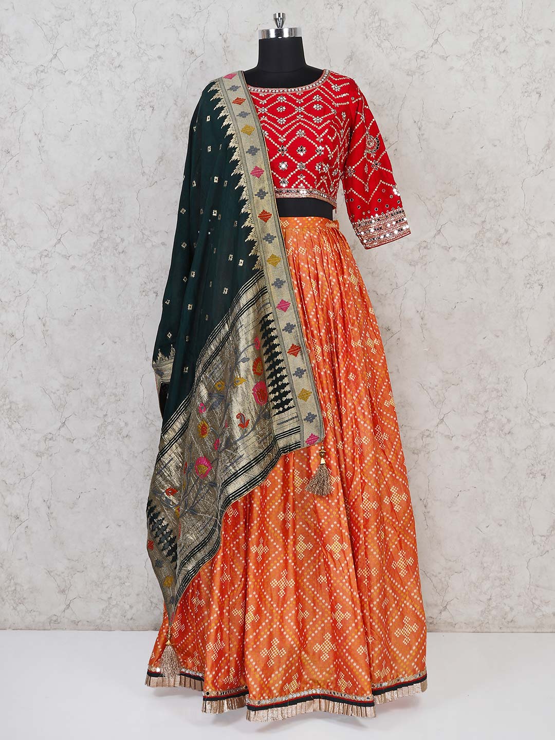 red and orange bridal lehenga