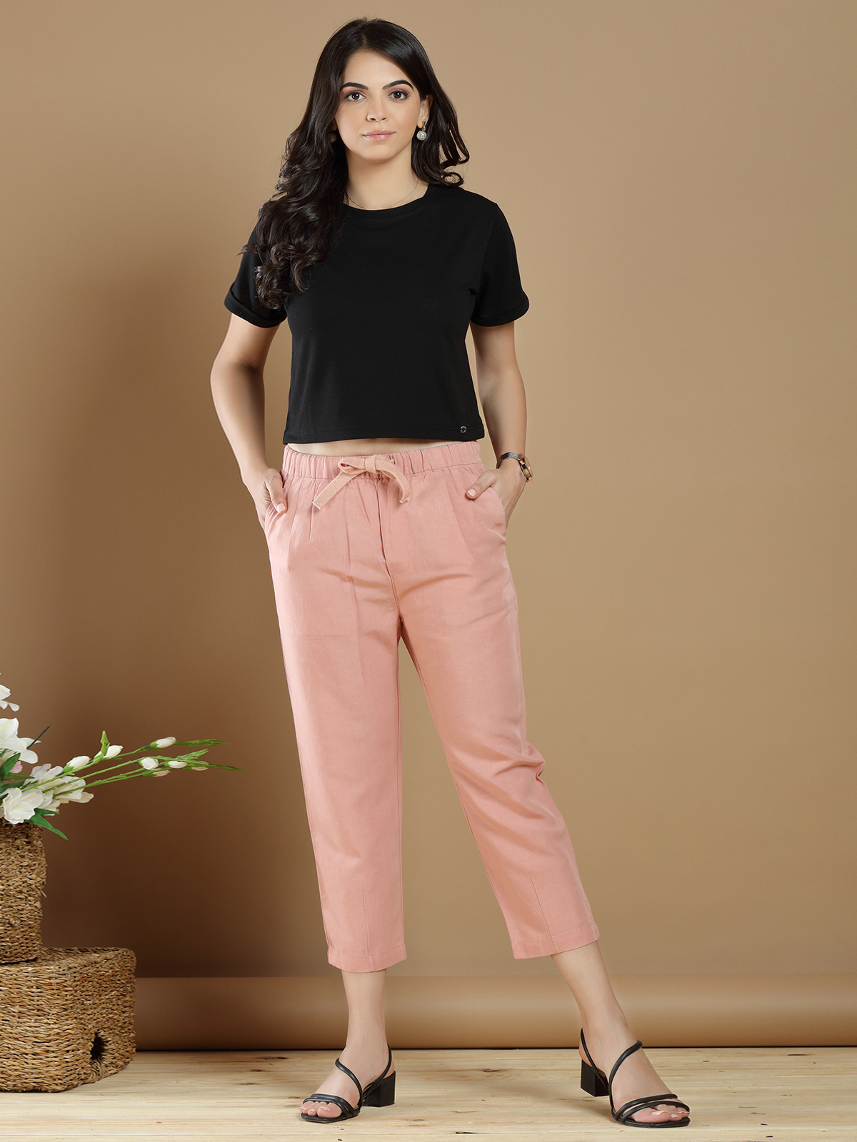 Women Peach Front Darted Pants
