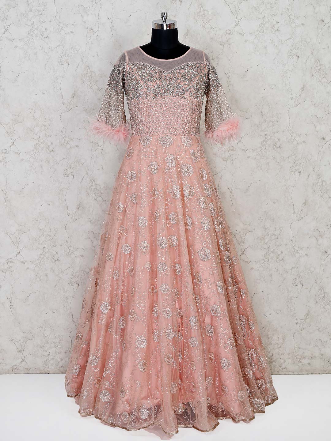 Ravishing Peach Color Soft Net Base Gown With Dori Work