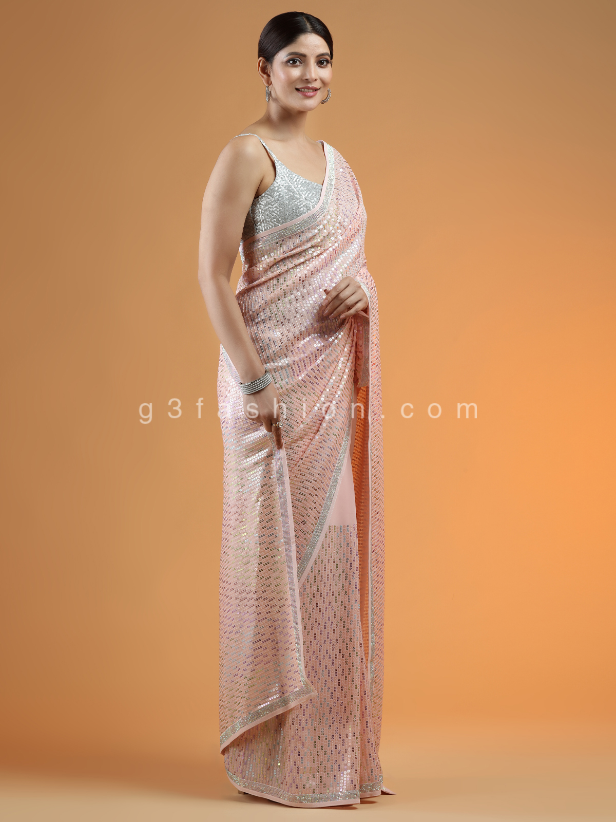 Buy Powder Pink Georgette Sequin Saree Online in USA with Blouse