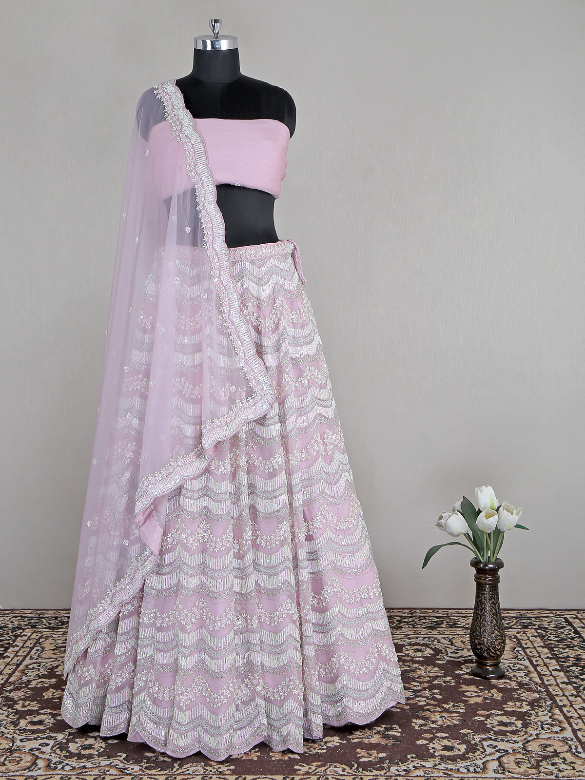 Powder pink wedding look organza lehenga choli G3 WLC12108
