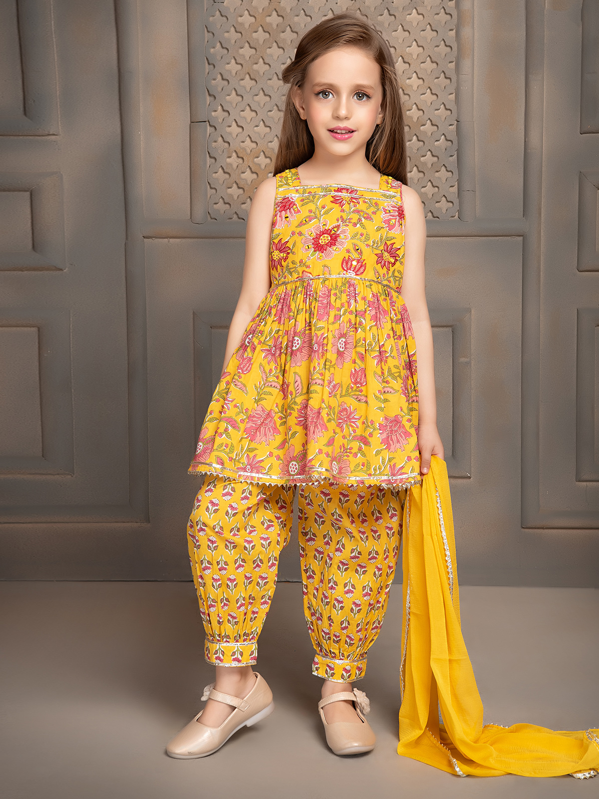 Yellow Embroidered Straight Salwar Kameez - Pant Style Suits