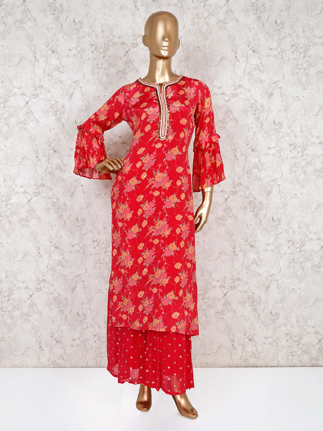 red printed suit