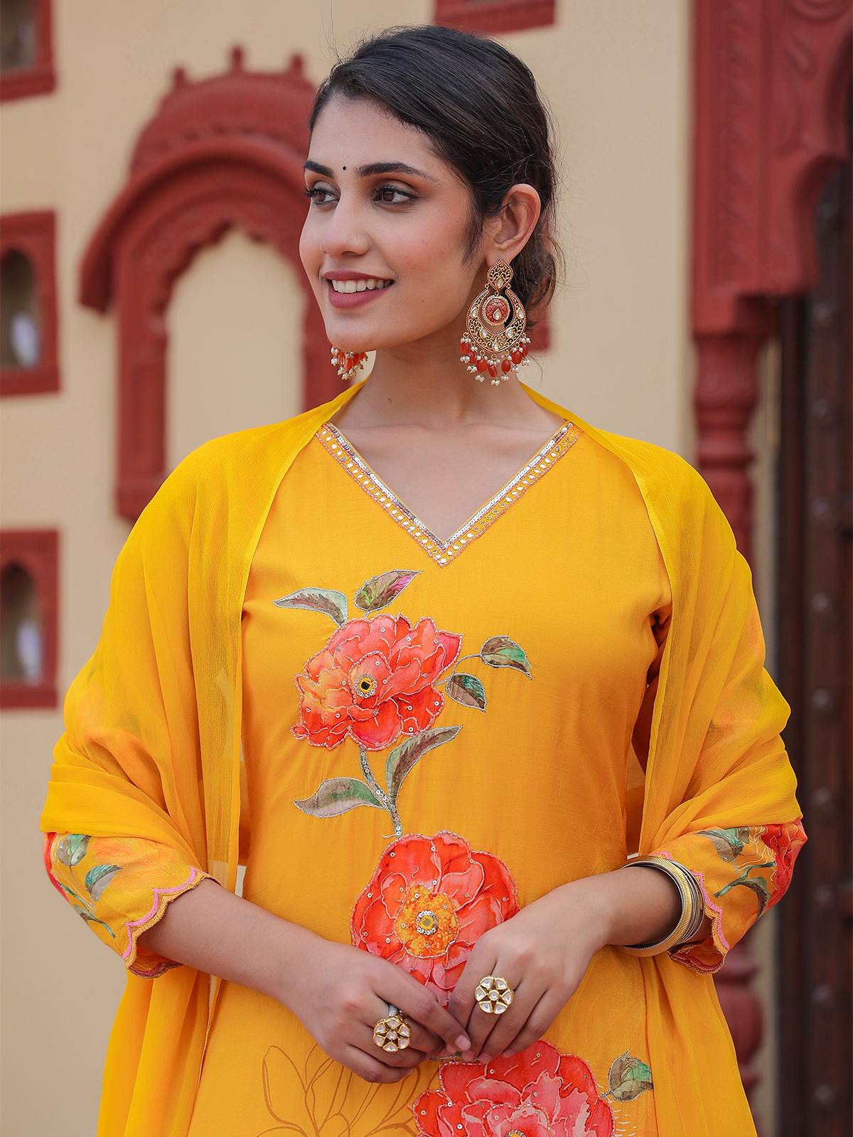 Buy Geroo Jaipur Yellow Rayon Handcrafted Gota Patti Kurta with Palazzo and  Dupatta (Set of 3) online