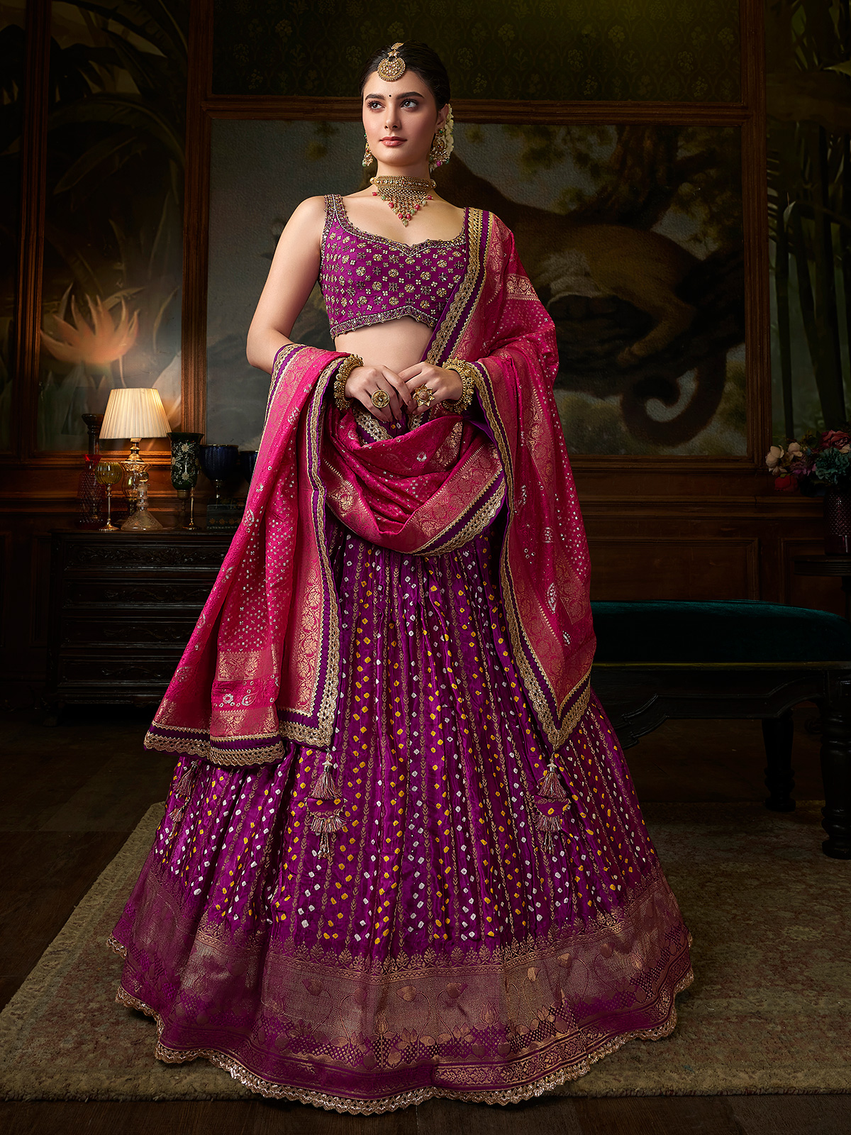 Purple Lehenga Set for women in silk ikat coton