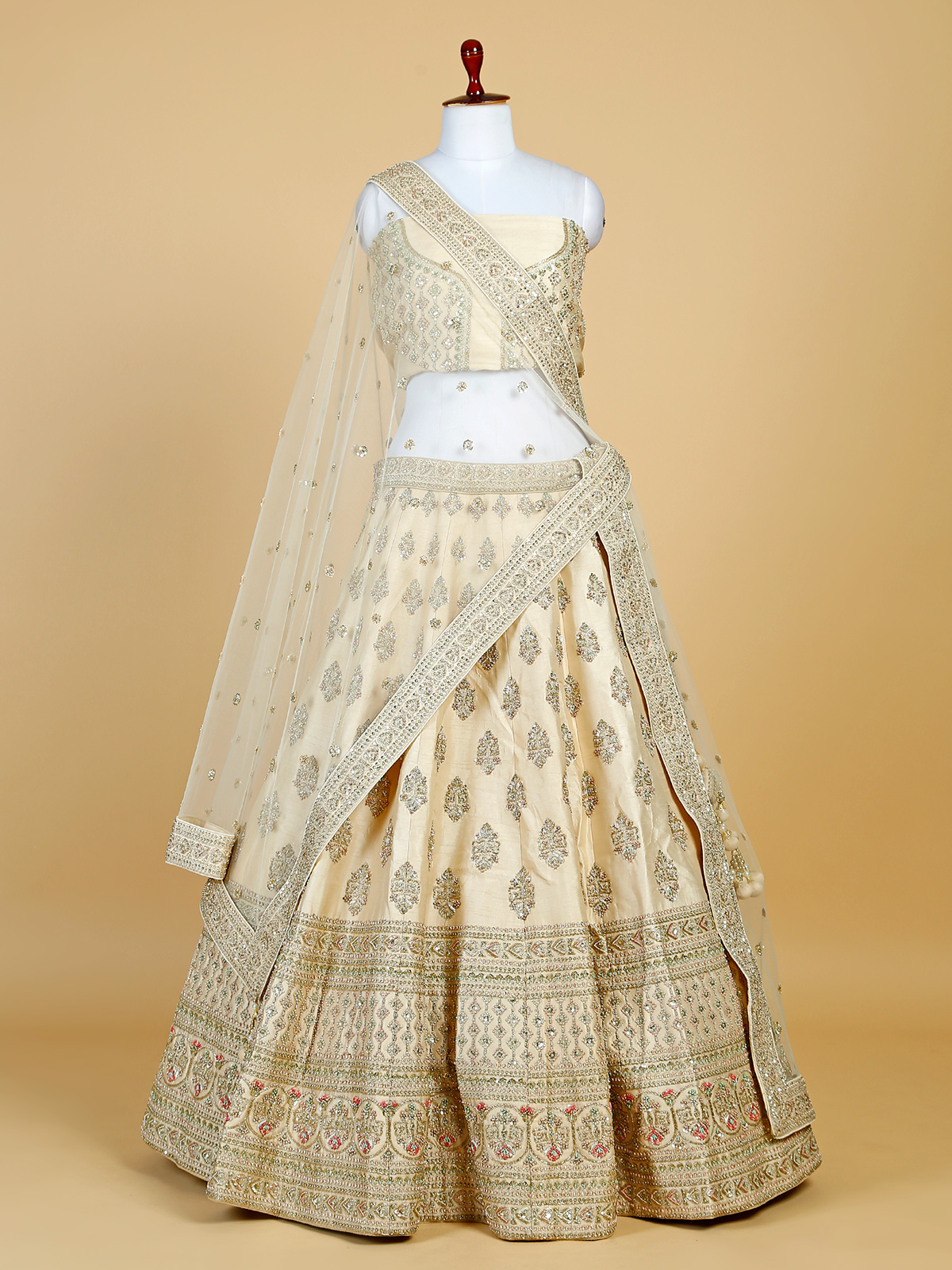 cream color navratri ready to wear lehenga choli with weaving and bandhani  print - Kloth Trend