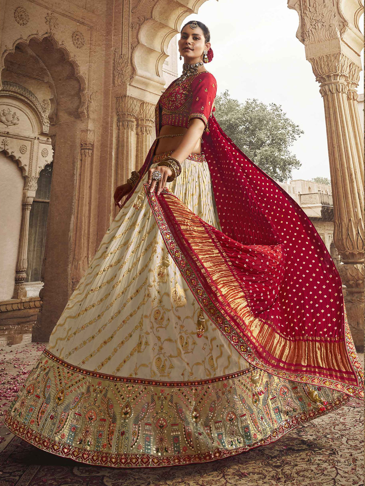 Bridal lehenga hotsell cream and red