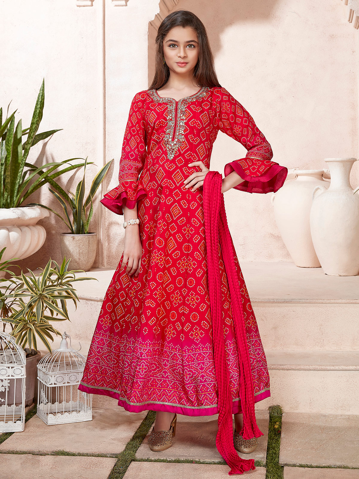 Casual Red Georgette Bandhani Print Anarkali Suit With Dupatta